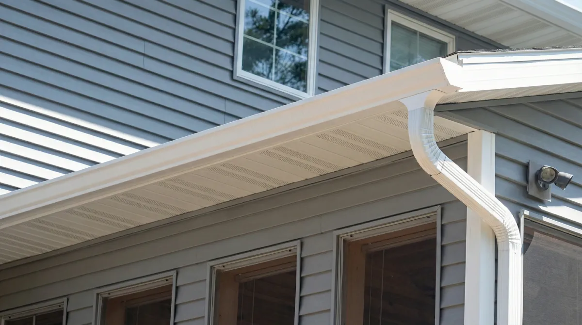 Professional home remodeling project showing newly installed white seamless gutters and downspouts on a house with gray siding in Lowell, MA