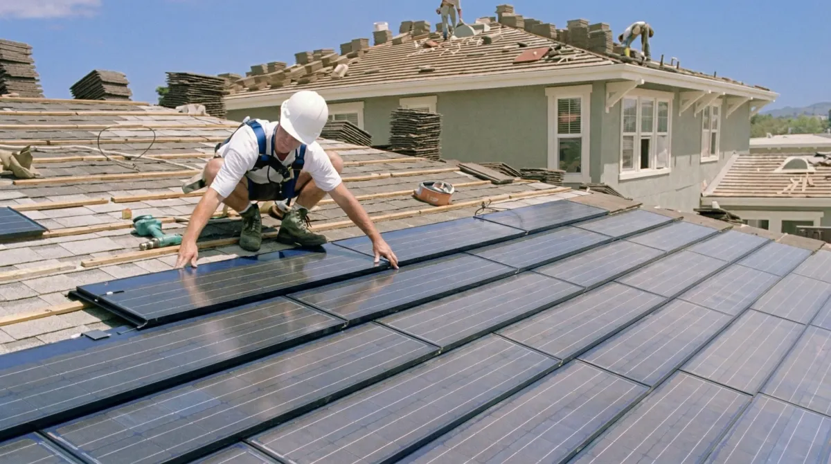 Roof replacement expert installing modern solar shingles on a residential home in Lowell, MA