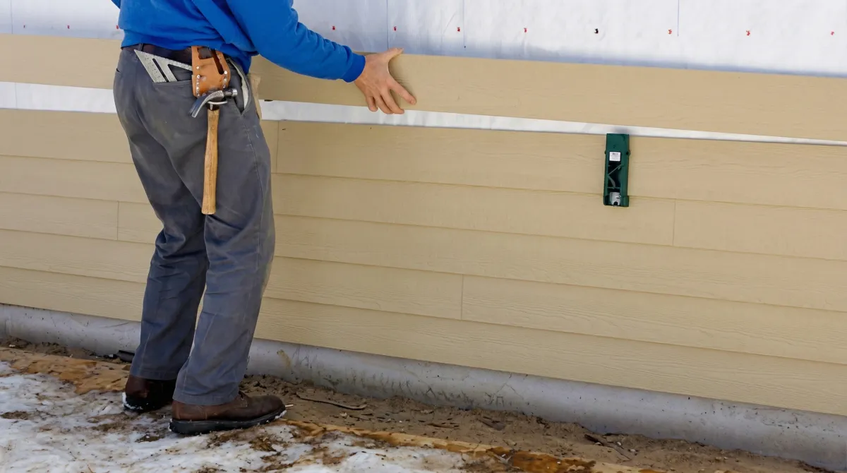 Siding replacement expert carefully aligning a new tan siding panel onto a residential exterior wall in Lowell, MA