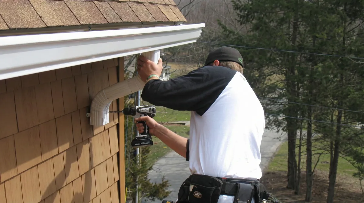 Professional contractor installing tan vinyl siding panels on a residential home exterior in Lowell, MA