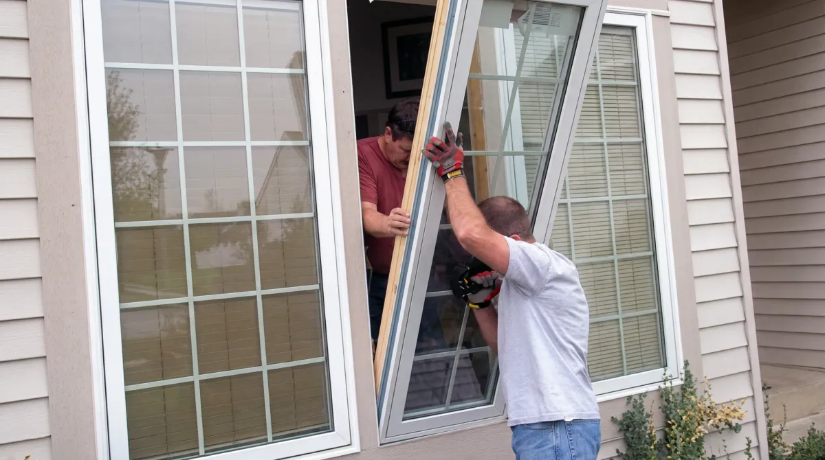 Professional home remodeling team installing a large replacement window on a house with tan siding in Lowell, MA